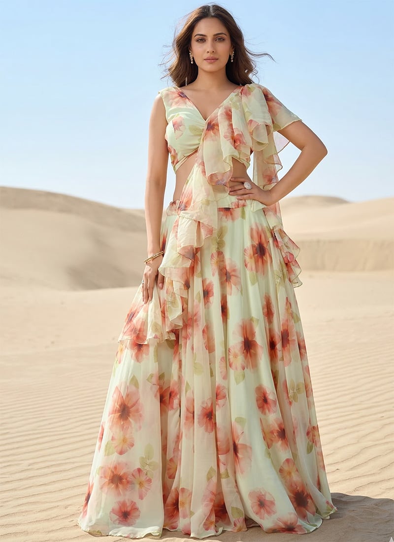 Charming Cream Georgette Digital Print Umbrella Lehenga After Six Wear