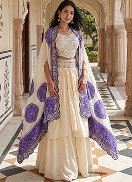 Charming Cream Soft Crepe Silk Embroidery Sequins IndoWestern Set And Suit