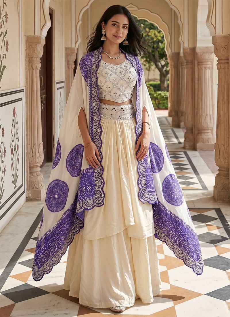 Charming Cream Soft Crepe Silk Embroidery Sequins IndoWestern Set And Suit After Six Wear