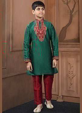 Charming Dark Green Art Silk Embroidered Kids Boys Kurta Pyjama
