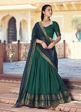 Charming Dark Green Blended Cotton Zari Umbrella Lehenga