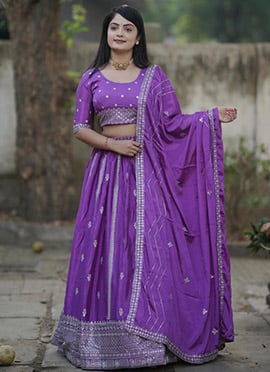 Charming Dark Lavender Chinon Embroidered Sequins Umbrella Lehenga