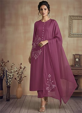 Charming Dark Mauve Silk Sequins Cutdana Hand Embroidered Straight Pant Suit