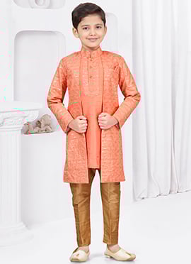 Charming Dark Peach Banarasi Silk Sequins Indowestern Sherwani For Boys