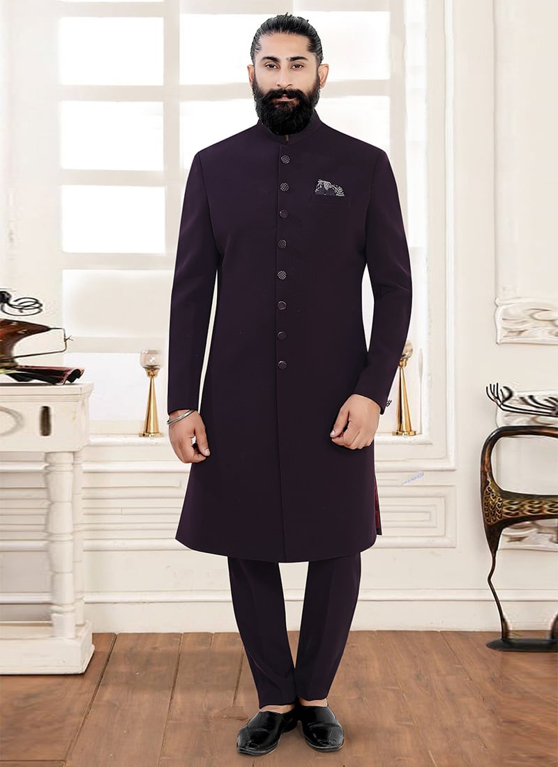 Charming Deep Wine Terry Rayon Indowestern Sherwani Wedding Wear