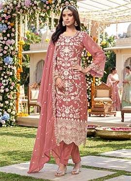 Charming Dusty Rose Pink Organza Embroidered Straight Pant Suit