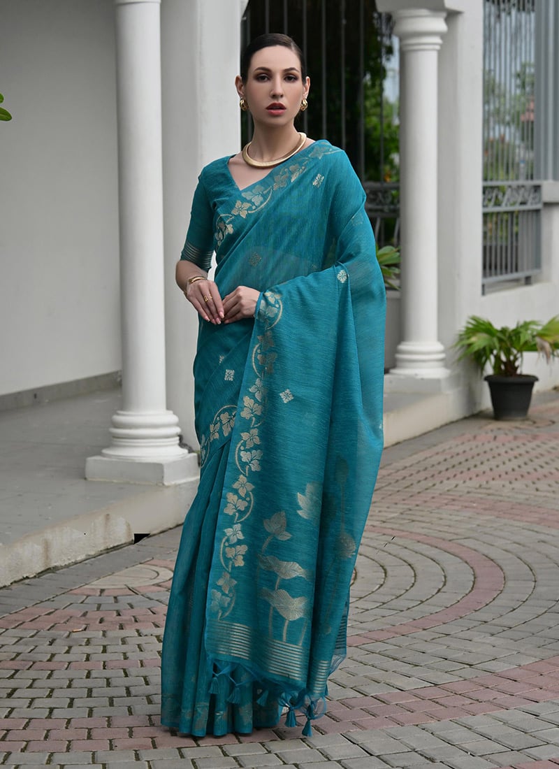 Charming Firozi Jute Linen Silk Zari Woven Saree Festive Wear