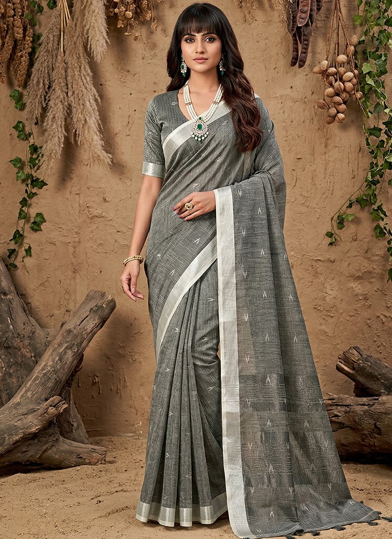 Charming Gray Linen Cotton Zari Woven Saree Festive Wear