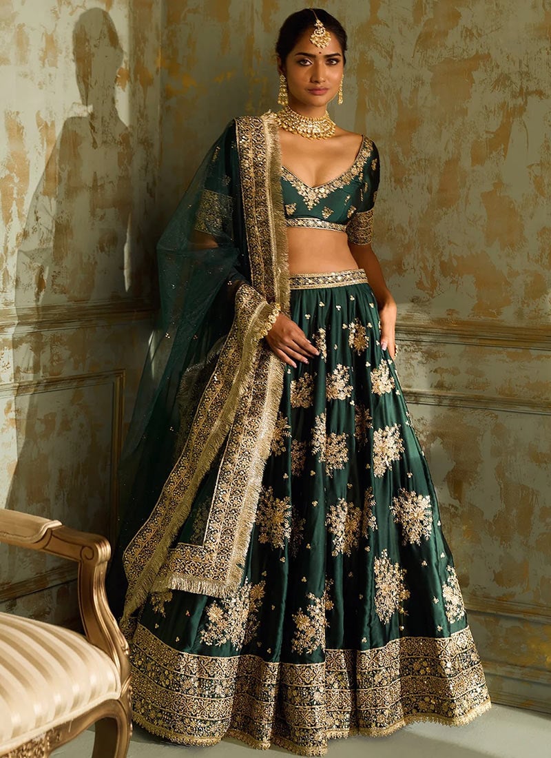 Charming Green Art Silk Zari Sequins Umbrella Lehenga Wedding Wear