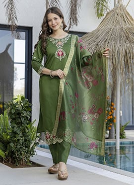 Charming Green Chanderi Embroidered Straight Pant Suit