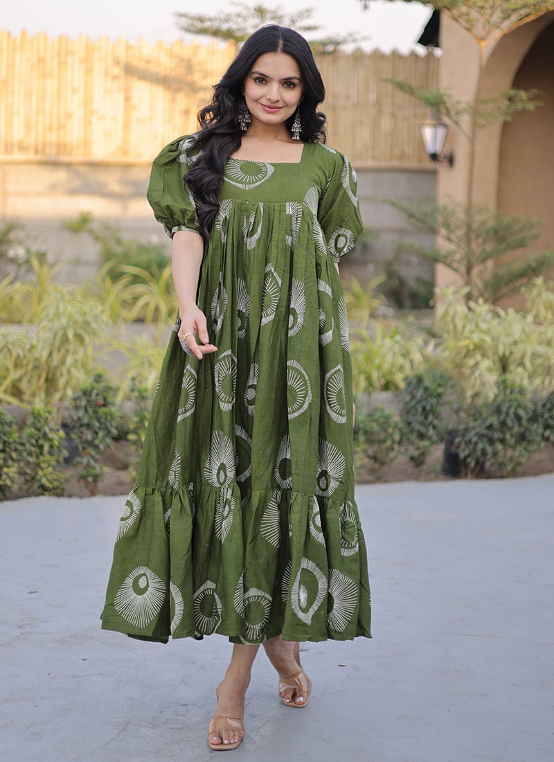 Charming Green Cotton Printed Fit And Flare Dress After Six Wear