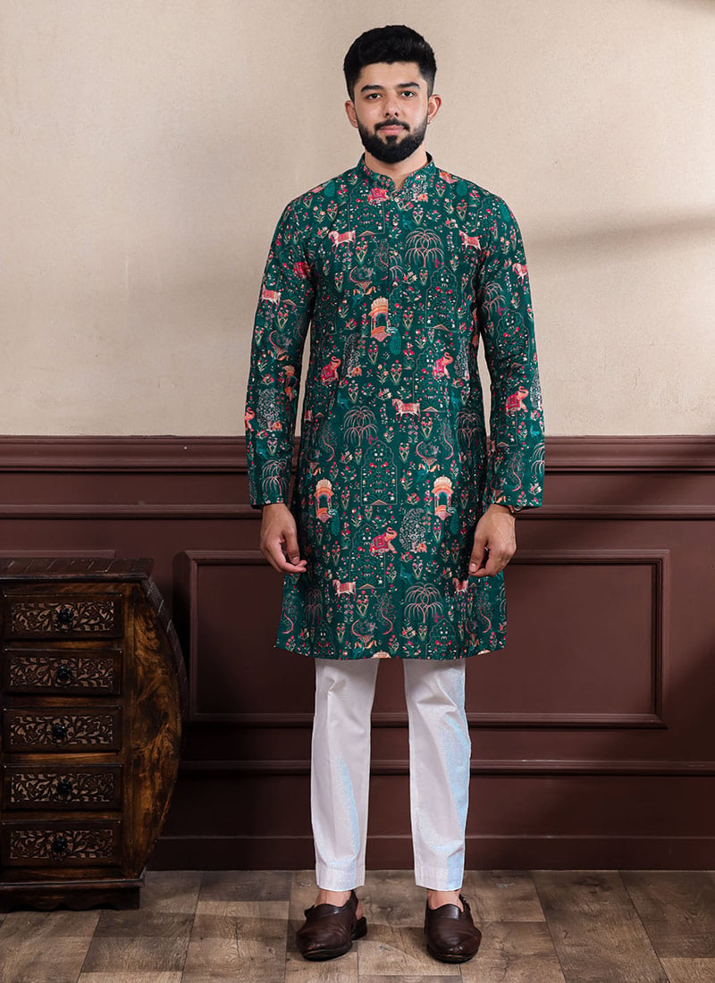Charming Green Cotton Printed Kurta Pyjama Festive Wear