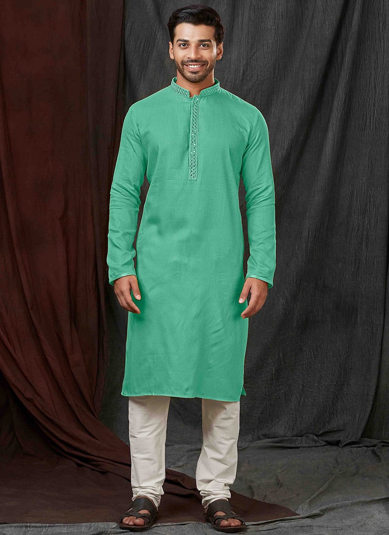 Charming Green Cotton Sequins Kurta Pyjama