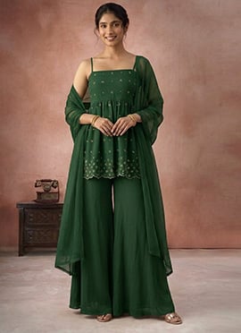 Charming Green Faux Georgette Beads Hand Embroidered Palazzo Suit