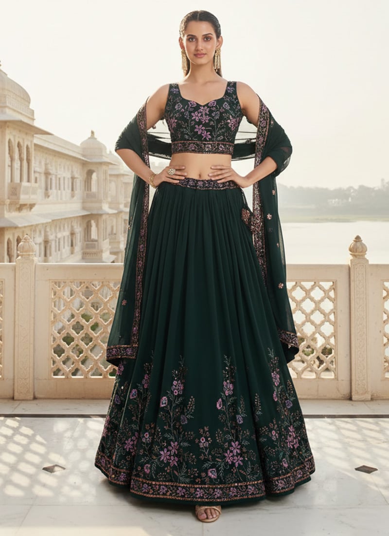 Charming Green Faux Georgette Zari Embroidered Sequins Thread Umbrella Lehenga Wedding Wear