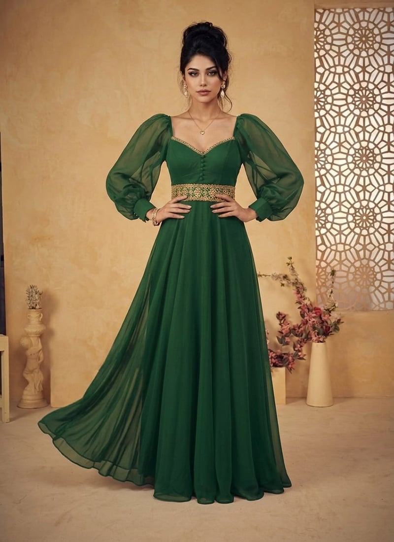 Charming Green Faux Georgette Zari Sequins Gown Wedding Wear