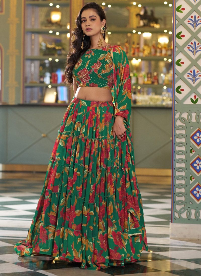 Charming Green Georgette Floral Printed Umbrella Lehenga After Six Wear