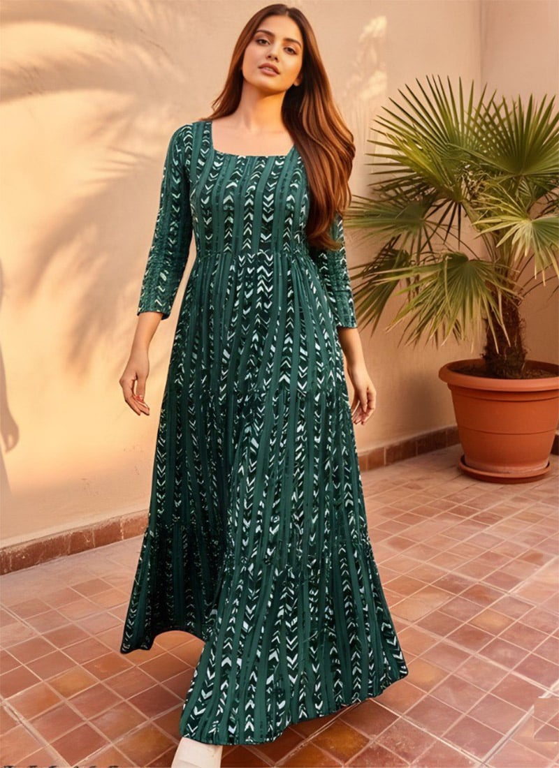Charming Green Georgette Printed Fit And Flare Dress After Six Wear