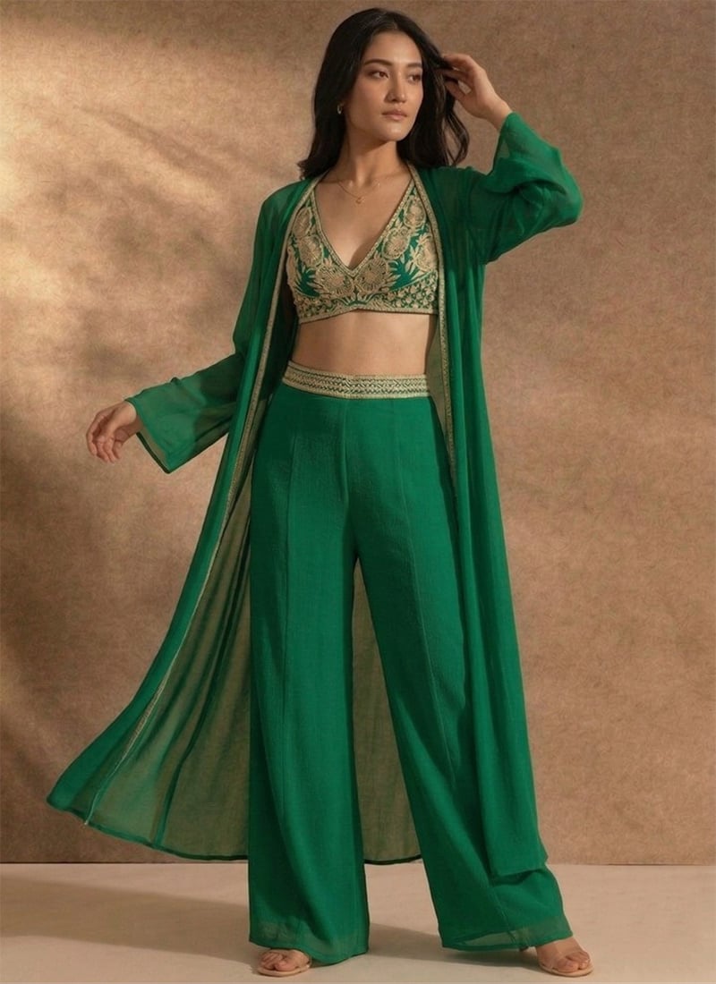 Charming Green Georgette Zari Resham Beads Indowestern Set Wedding Wear