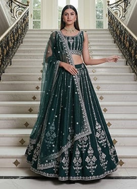 Charming Green Georgette Zari Sequins Embroidered A Line Lehenga