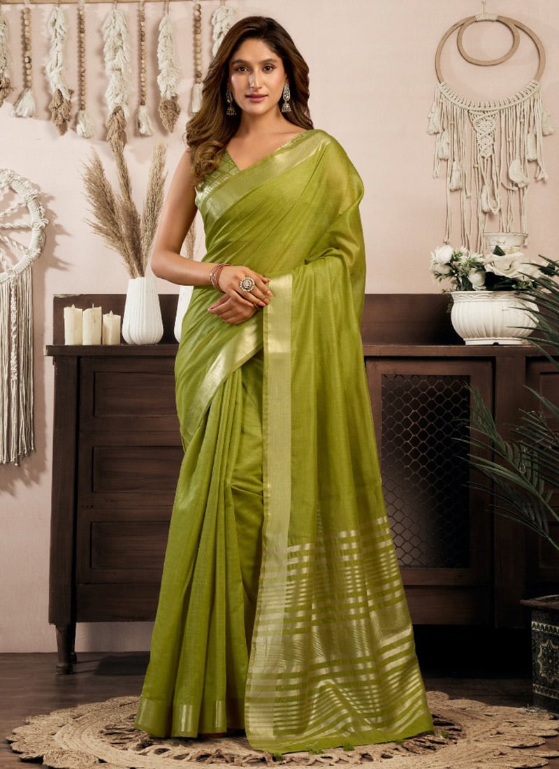 Charming Green Khadi Cotton Zari Saree Festive Wear