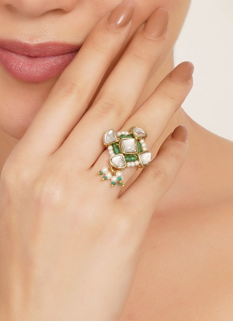 Charming Green Kundan Beads Ring Festive Wear