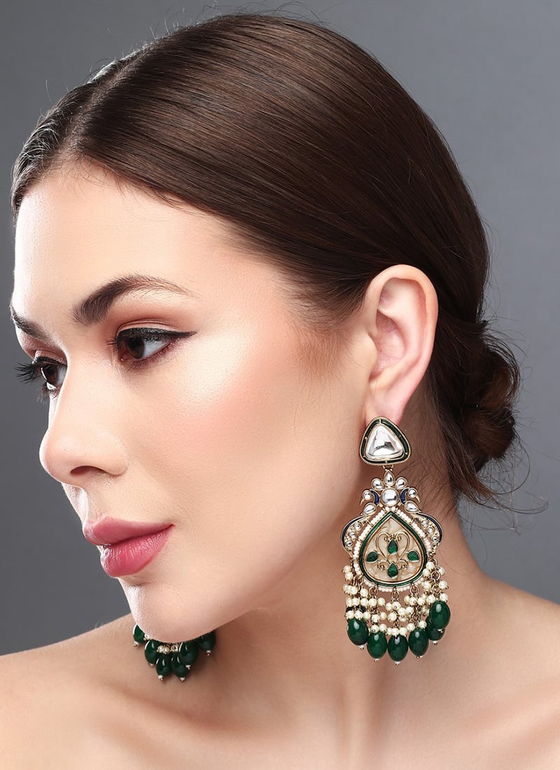 Charming Green Kundan Pearl Meenakari Dangler After Six Wear