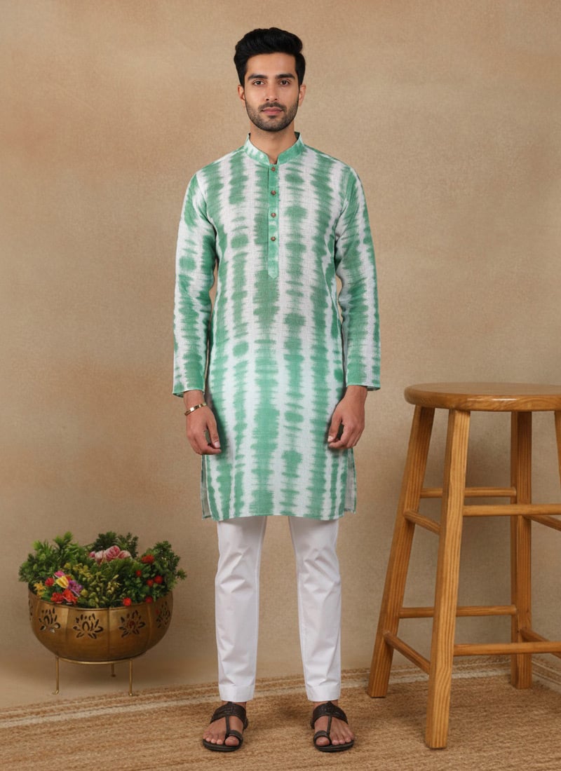 Charming Green Linen Printed Kurta Pyjama Festive Wear