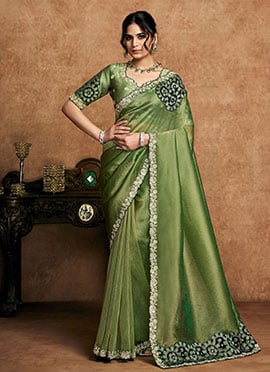 Charming Green Organza Satin Embroidered Stone Beads Sequins Zari Saree