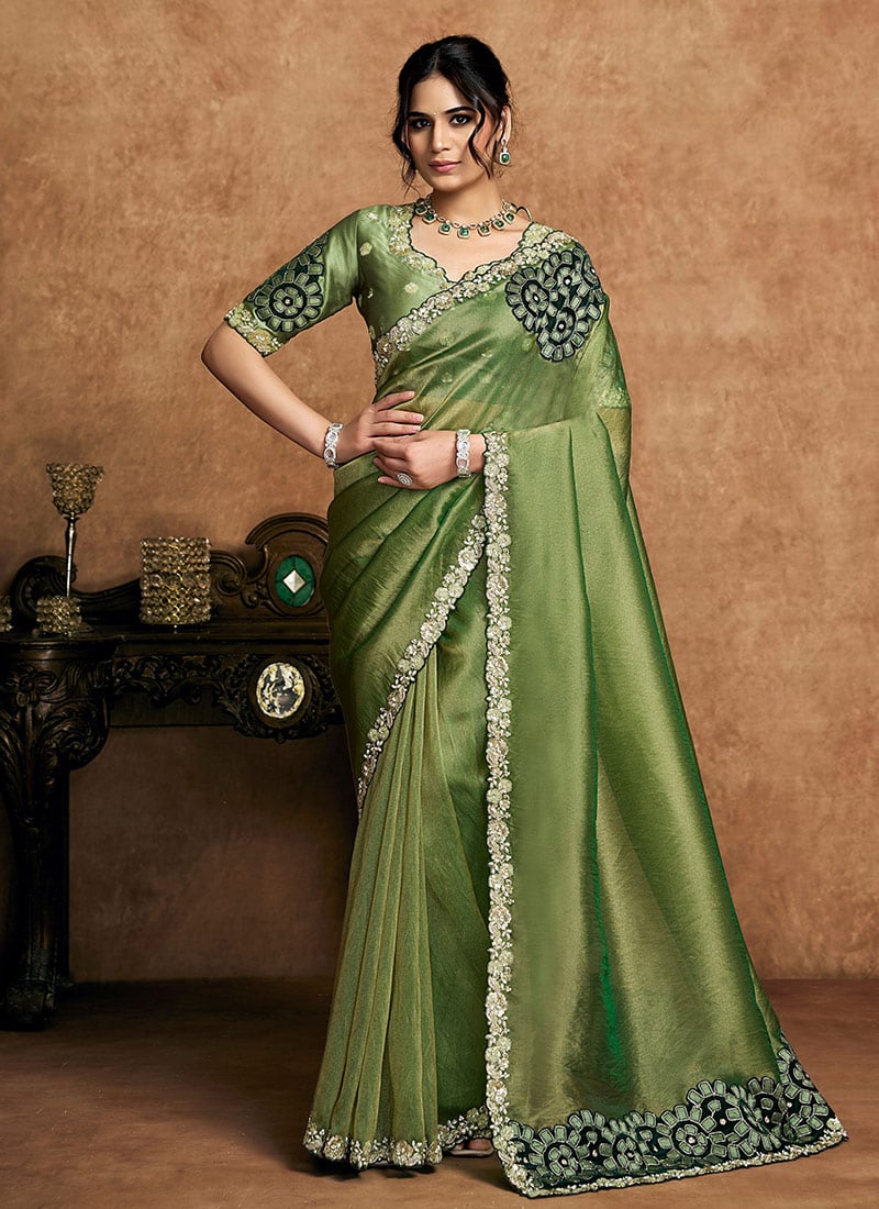 Charming Green Organza Satin Embroidered Stone Beads Sequins Zari Saree Wedding Wear