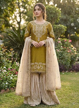 Charming Green Organza Silk Zari Thread Embroidered Sharara Suit