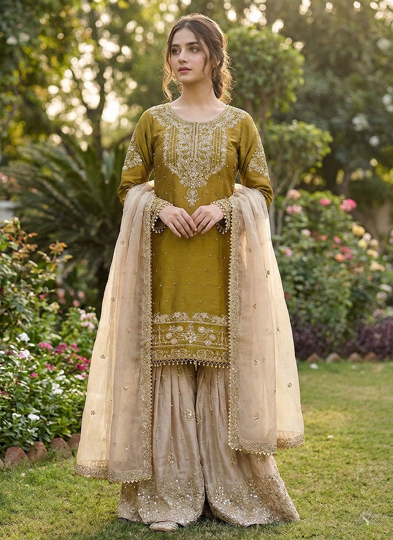 Charming Green Organza Silk Zari Thread Embroidered Sharara Suit Festive Wear