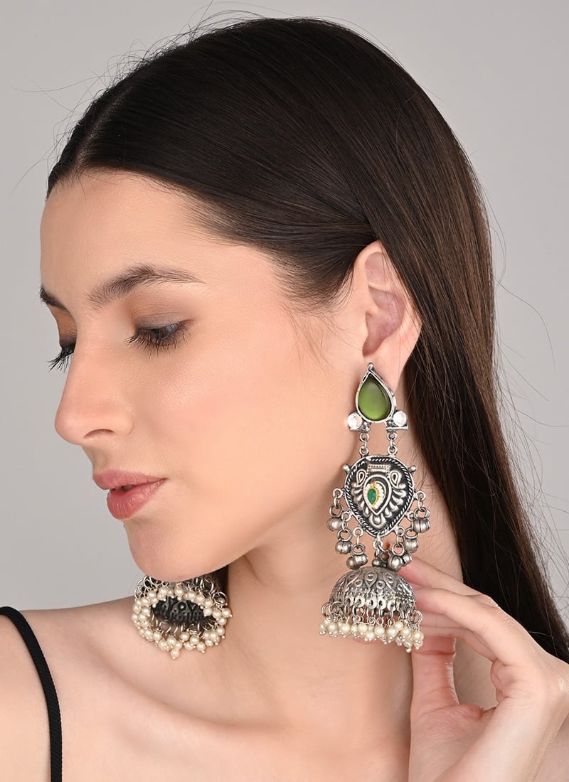 Charming Green Pearl Stone Jhumka Festive Wear