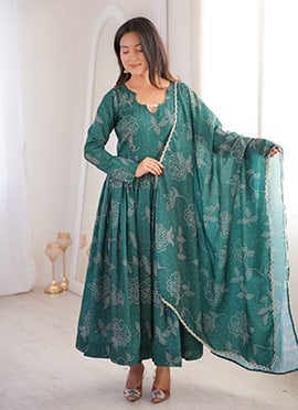 Charming Green Printed Muslin Silk Printed Work Anarkali Suit