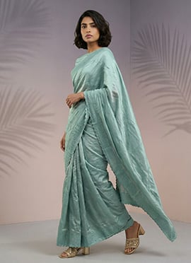 Charming Green Rasberry Silk Hand Embroidered Saree
