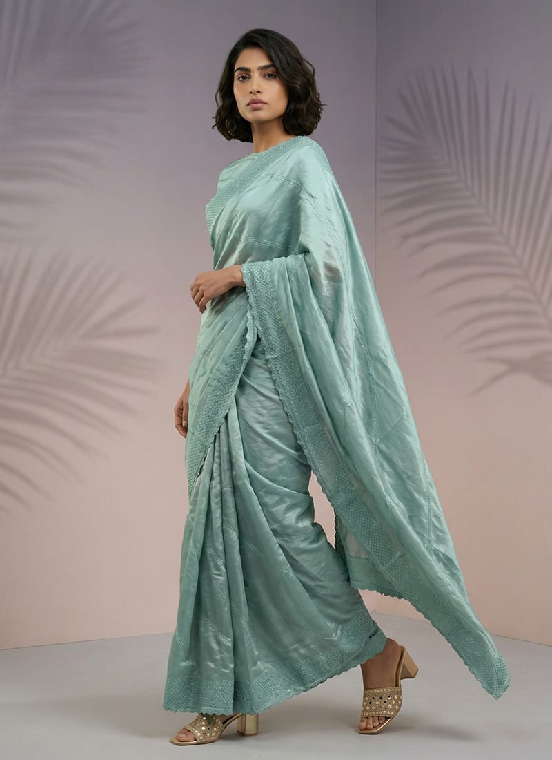Charming Green Rasberry Silk Hand Embroidered Saree After Six Wear