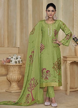 Charming Green Silk Digital Print Jacquard Embroidered Straight Pant Suit