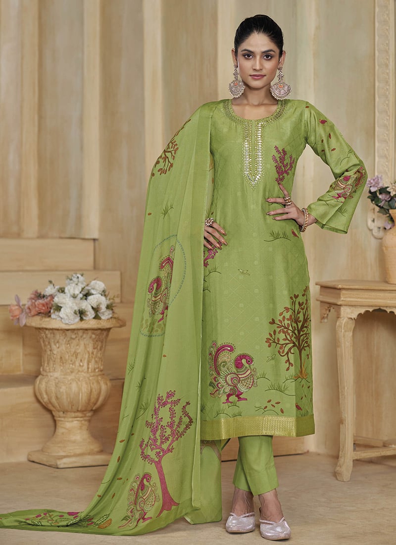 Charming Green Silk Digital Print Jacquard Embroidered Straight Pant Suit After Six Wear