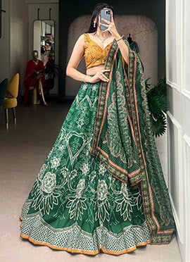 Charming Green Silk Printed Beads Work and Gotta Patti Touch Up Umbrella Lehenga