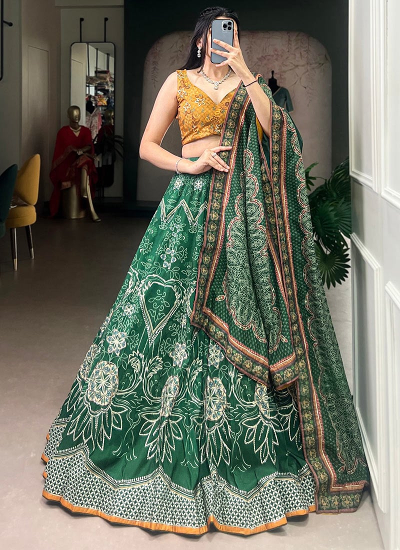 Charming Green Silk Printed Beads Work and Gotta Patti Touch Up Umbrella Lehenga Wedding Wear
