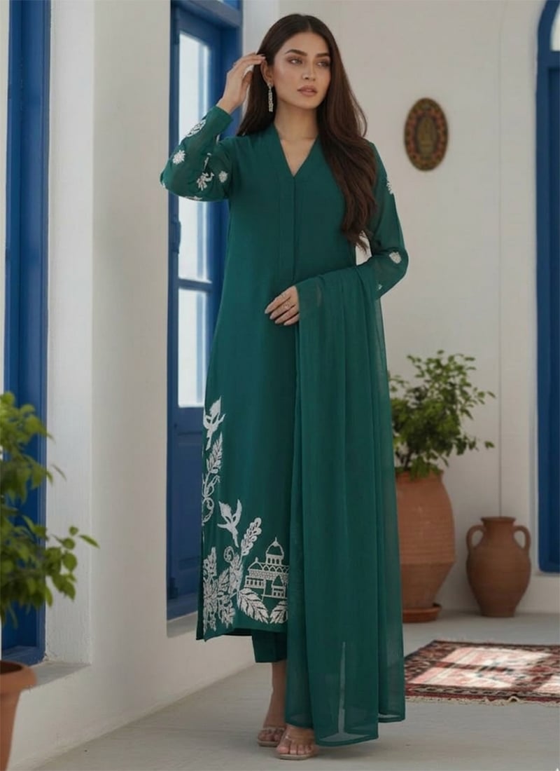 Charming Green Silk Resham Foil Embroidered Straight Pant Suit Festive Wear