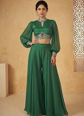Charming Green Silk Zari Mirror Work Indo Western Set