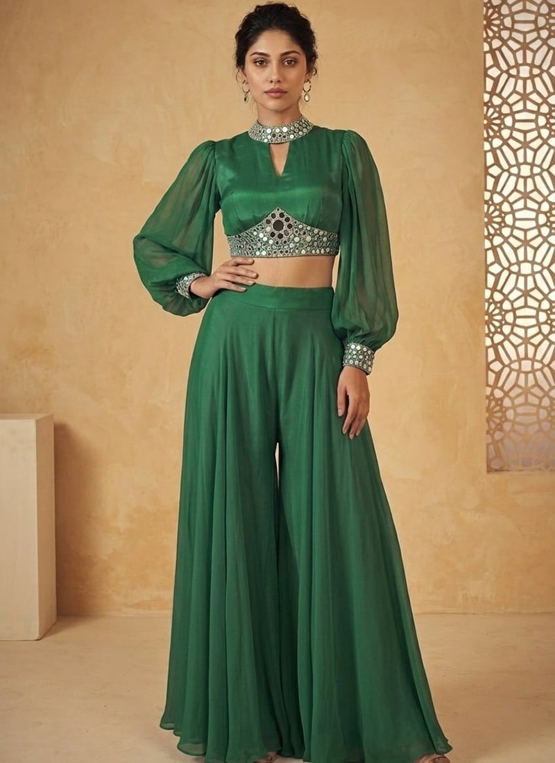 Charming Green Silk Zari Mirror Work Indo Western Set Wedding Wear