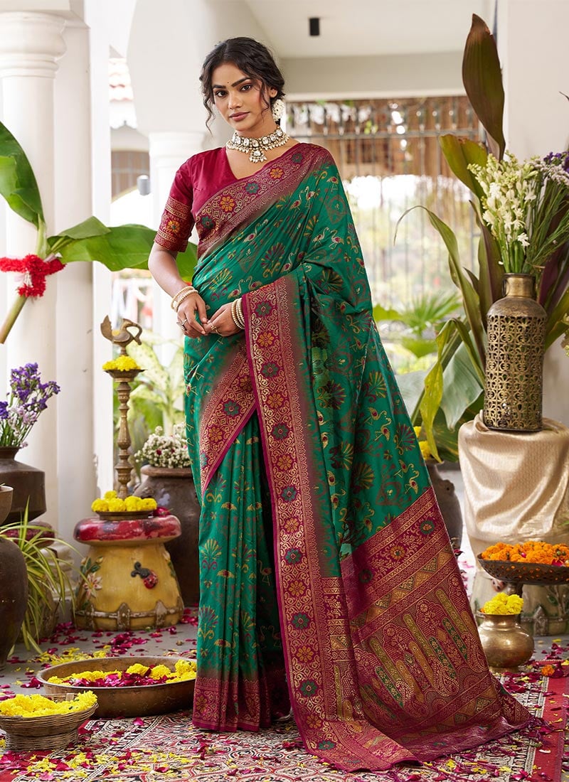 Charming Green Soft Silk Jacquard Zari Woven Saree Festive Wear