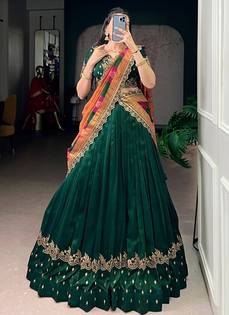 Charming Green Vichitra Silk Sequins Embroidered Umbrella Lehenga Wedding Wear