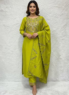 Charming Green Viscose Silk Embroidered Mirror Work Straight Pant Suit