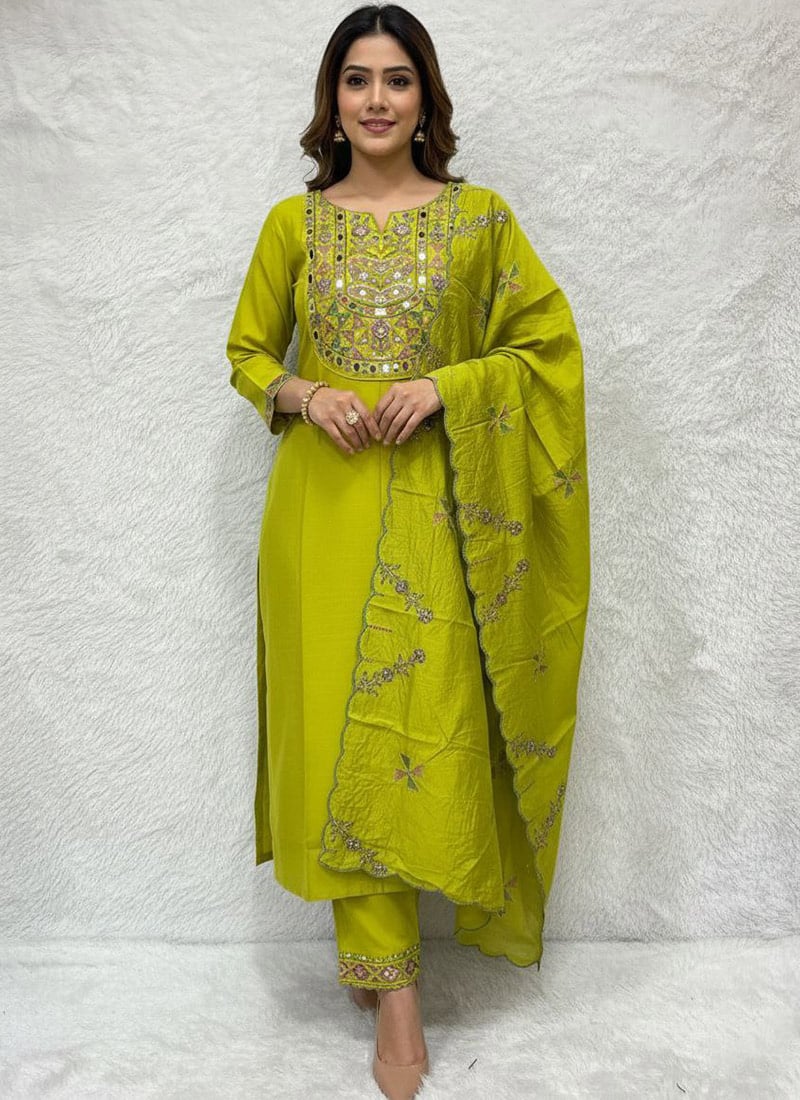 Charming Green Viscose Silk Embroidered Mirror Work Straight Pant Suit Festive Wear