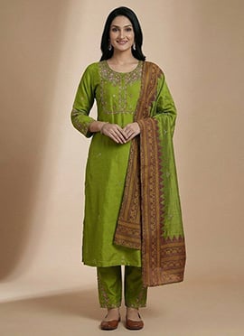 Charming Green Viscose Silk Embroidered Sequins Straight Pant Suit