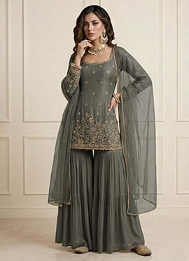 Charming Grey Art Silk Embroidered Sharara Suit