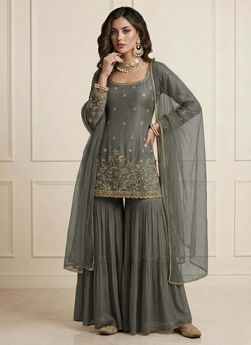 Charming Grey Art Silk Embroidered Sharara Suit Festive Wear